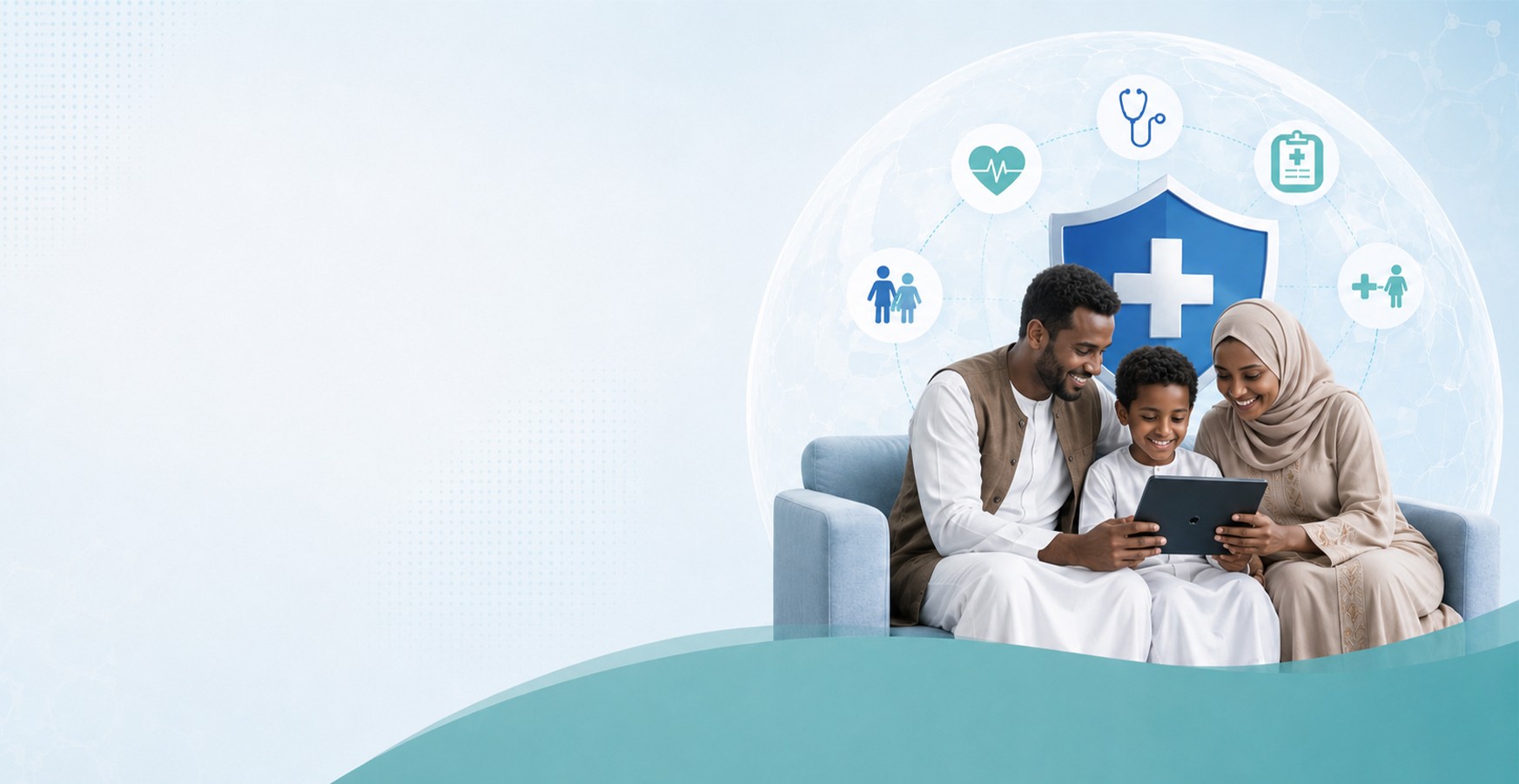 A smiling family looking at a tablet together on a sofa