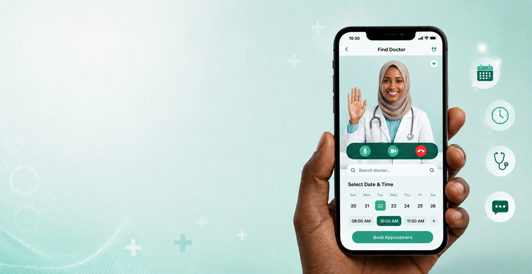 A hand holding a phone showing a video call with a doctor